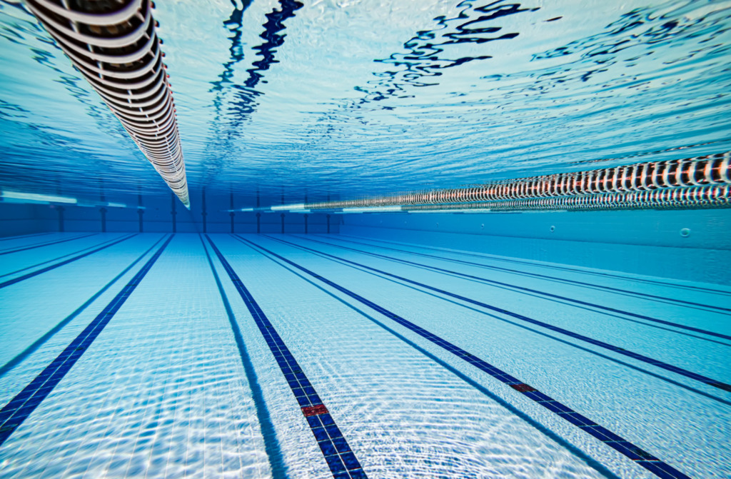 Olympic swimming pool lanes seen from under water