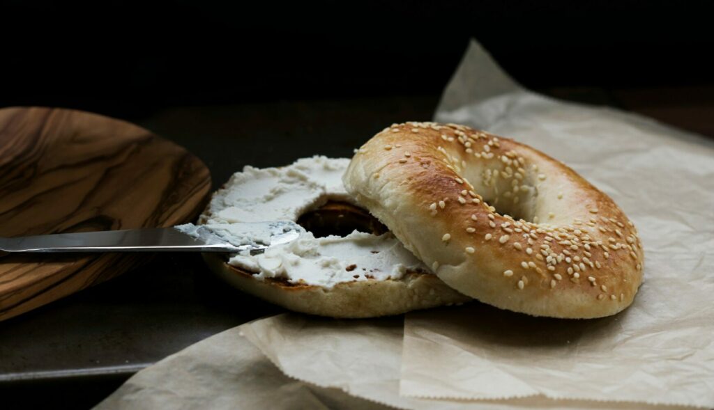 Bagels with cream cheese spread from Torrance, California bakery
