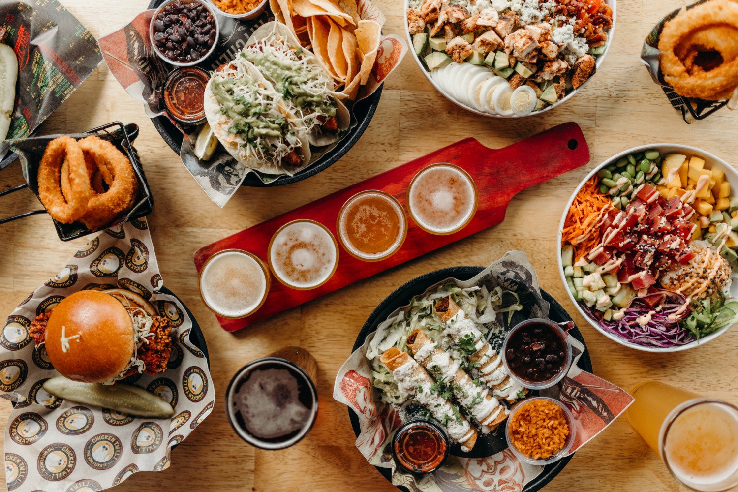 Brews Hall assortment of food options and beer flight