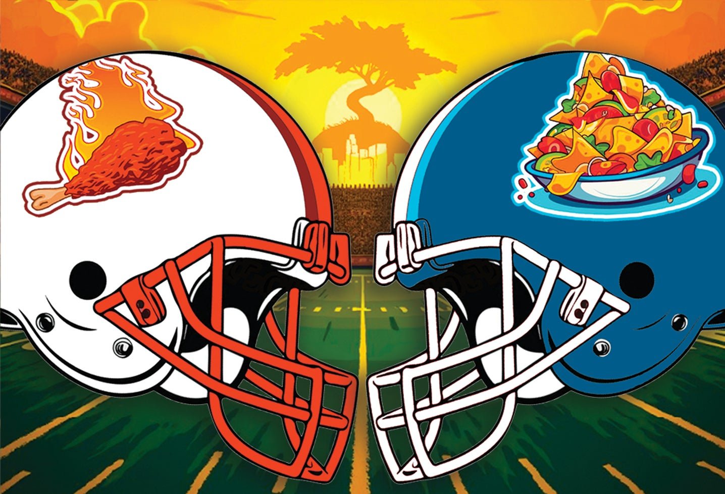 Two decorated football helmets crashing to represent Smog City Snack-Off