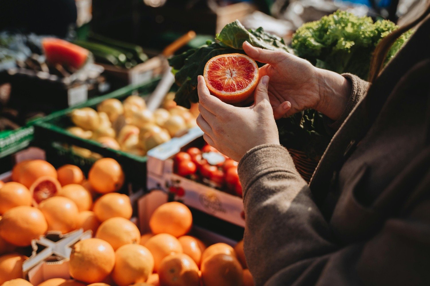 Picking produce at the farmers' market