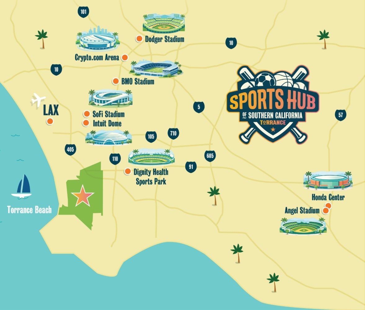 Map depicting Torrance at the center of LA's biggest sports venues