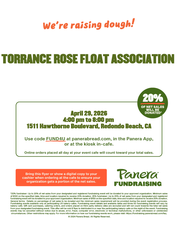 Torrance Rose Float Association (TRFA) for Restaurants for Roses, in partnership with Panera Bread