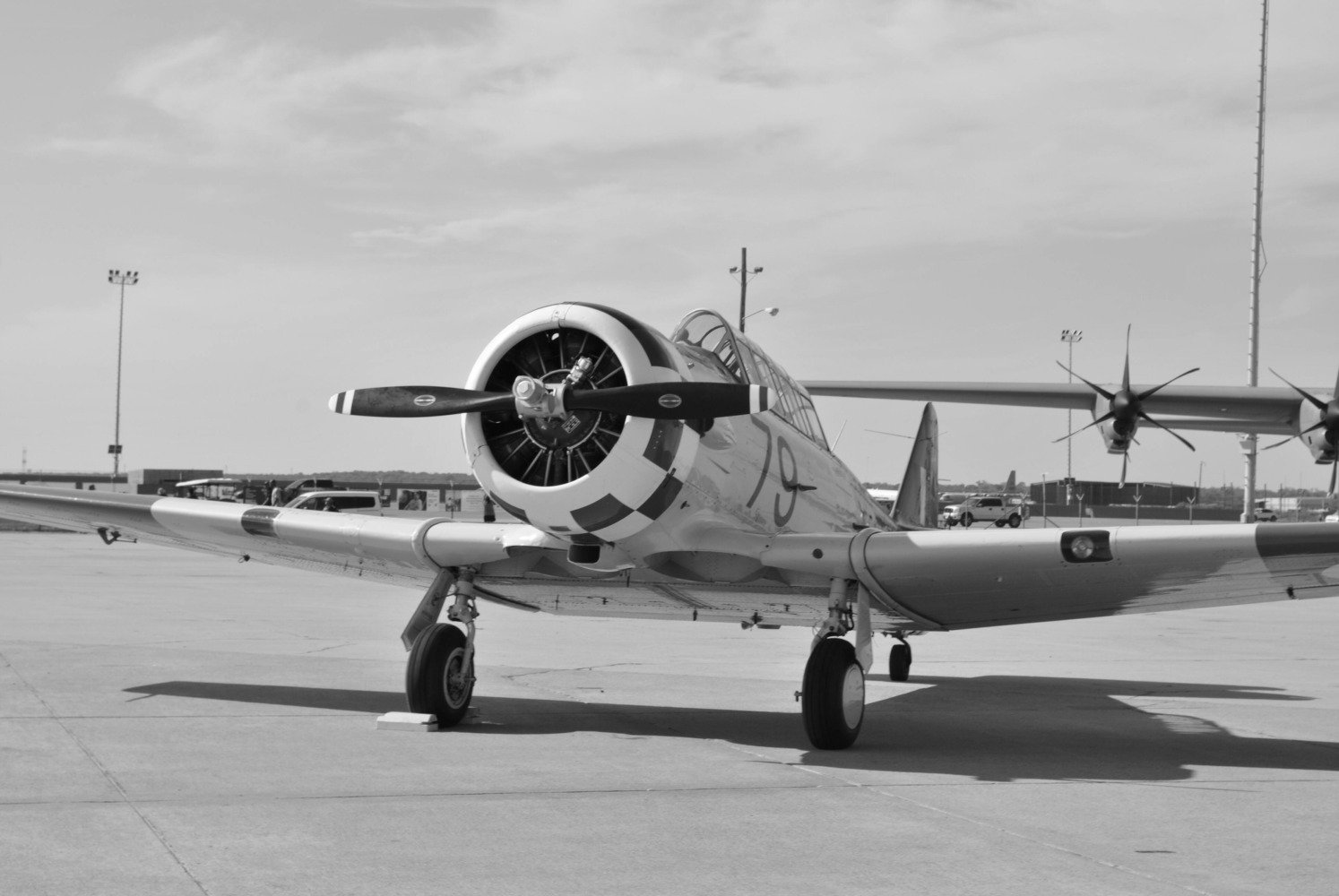 Plane on airport in black and white